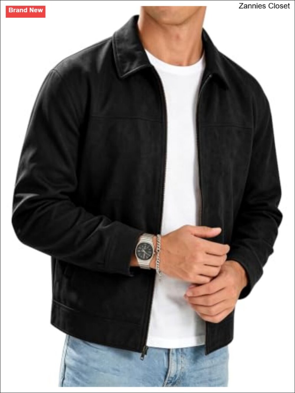 Men's Faux Suede Collared Full Zip Casual Jacket